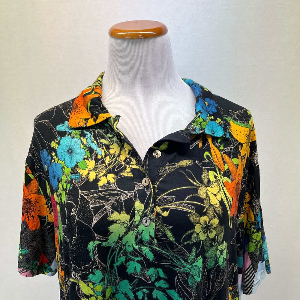 Johnny Was Black Floral Bamboo Jersey Nero Sequence Short Sleeve Polo Top Sz. 1X - Picture 3 of 6
